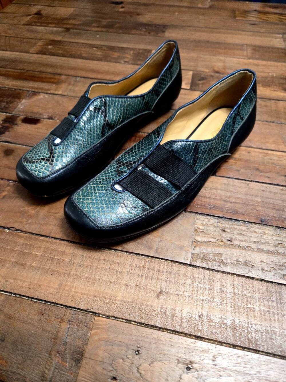 Deborah Germani Flats Loafer Python Leather Comfort Driving BlackGreen 37 7.5